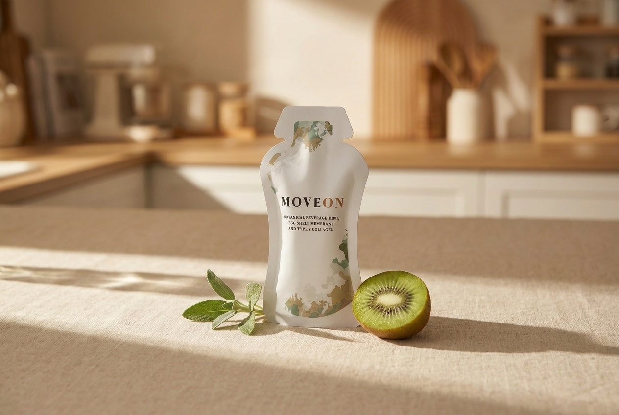 A MoveOn sachet on a kitchen counter with kiwi and sage