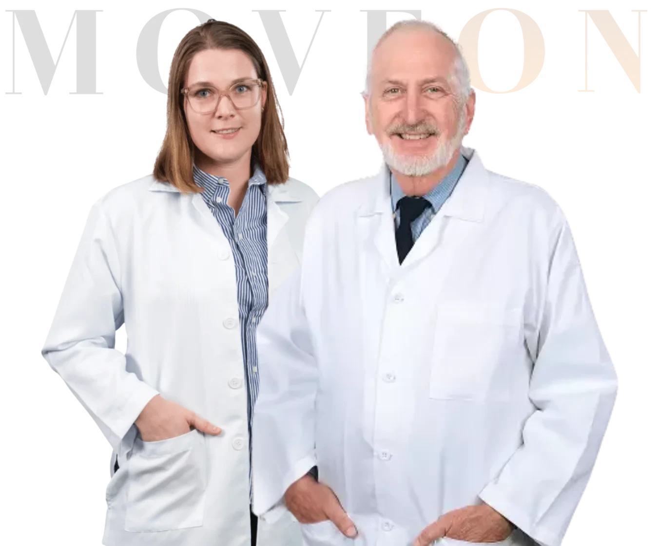 Two people in white lab coats standing side by side with 'MOVEON' branding in the background.