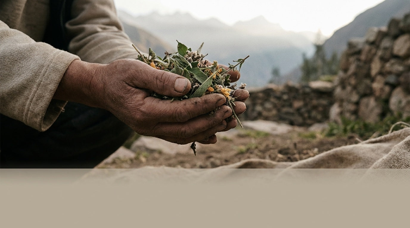 Weathered hands cupping freshly gathered botanicals at a mountain farm