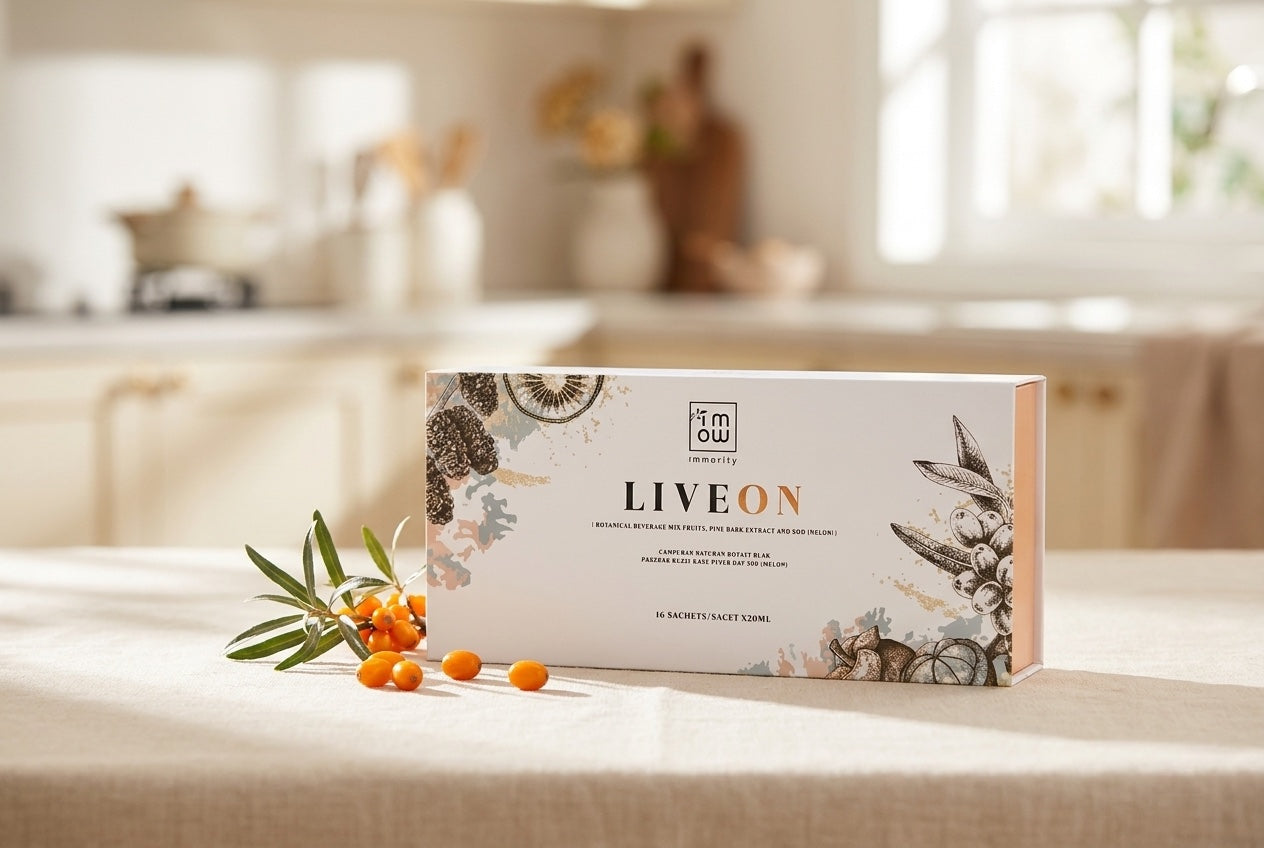 A LiveOn box on a kitchen counter with sea buckthorn