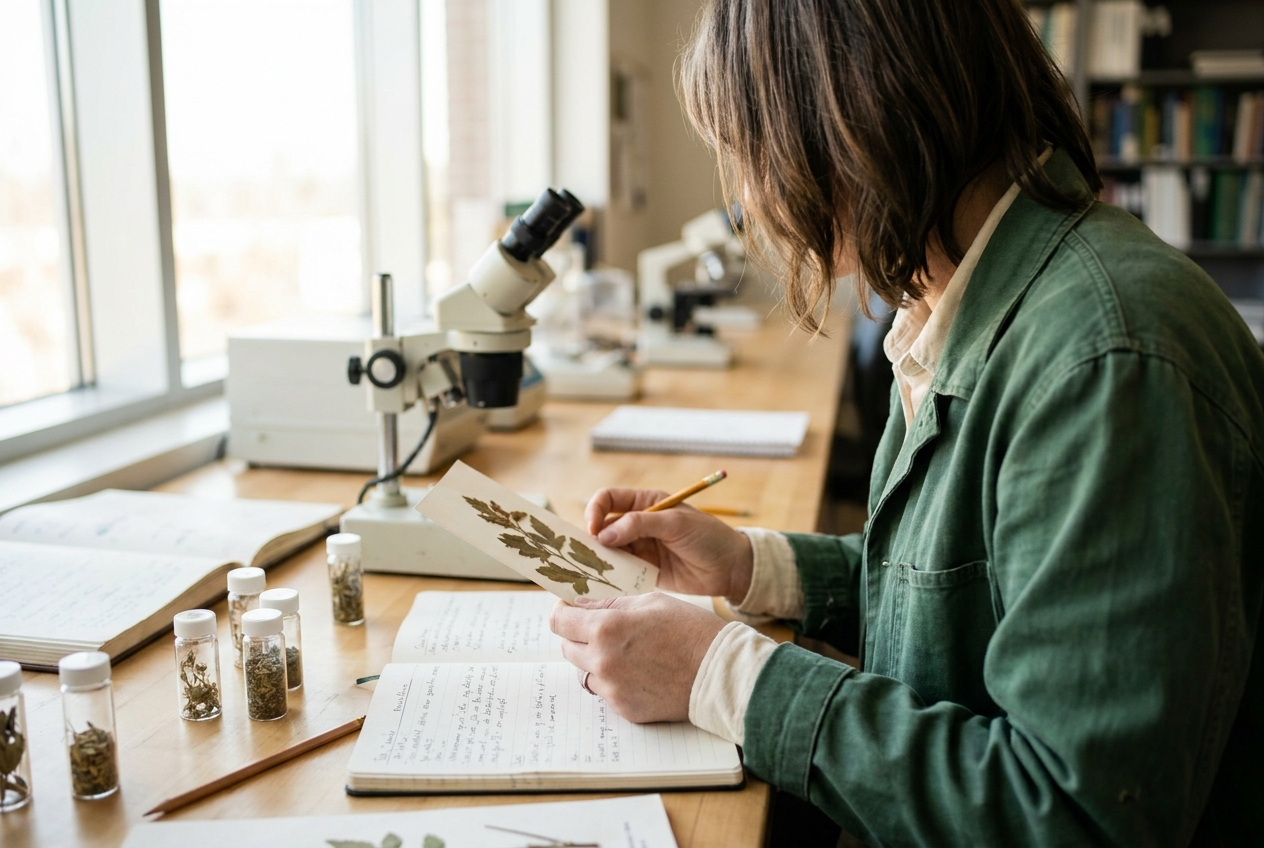 A researcher studying single-origin botanical samples at a lab bench