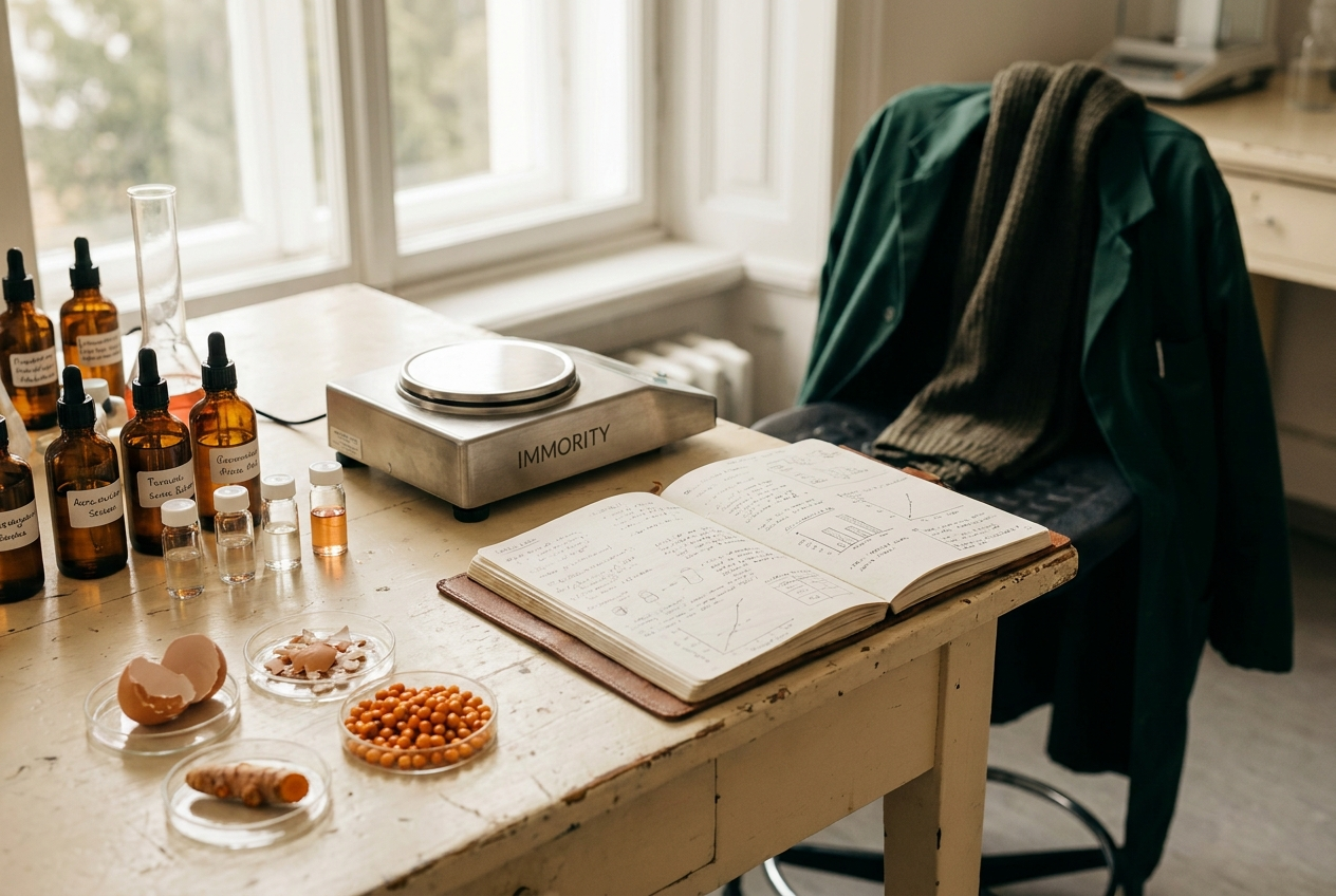 An IMMORITY research bench: vials and dropper bottles of single-origin extracts, a precision balance engraved IMMORITY, an open notebook and ingredient samples