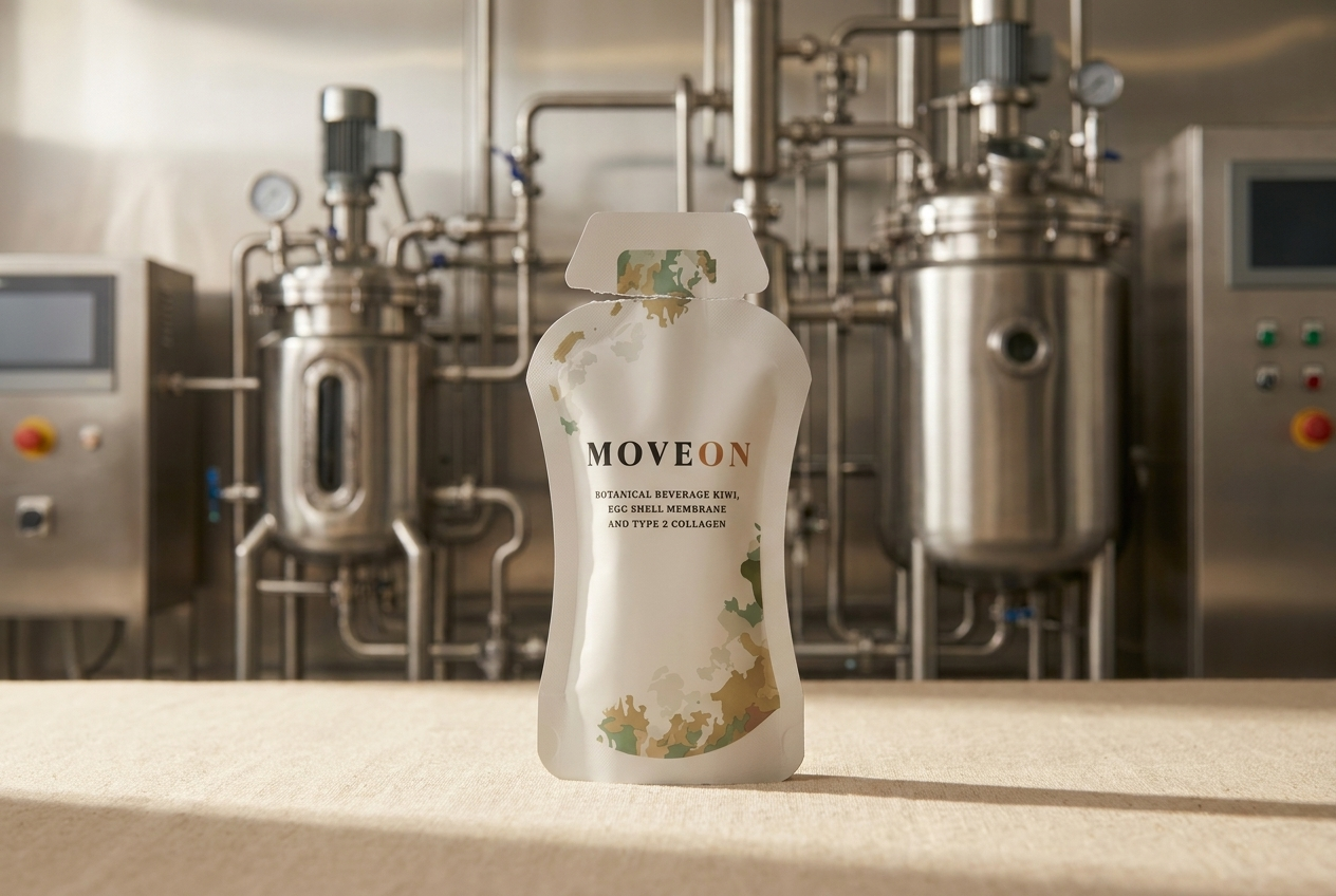 A MoveOn sachet torn open, with the advanced extraction and manufacturing line that makes a stable ready-to-drink liquid behind it