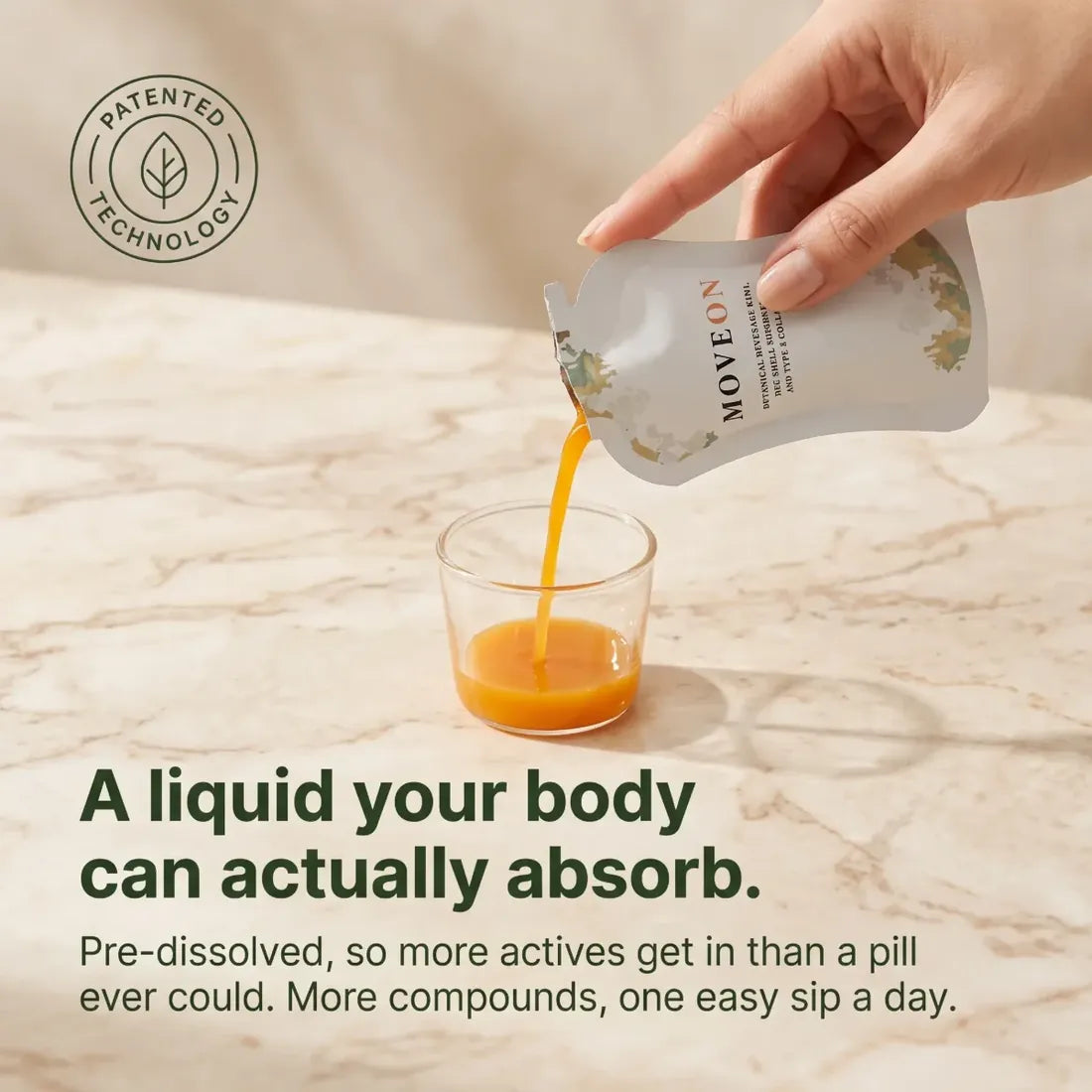 Pouring MoveOn into a small glass, a liquid your body can absorb
