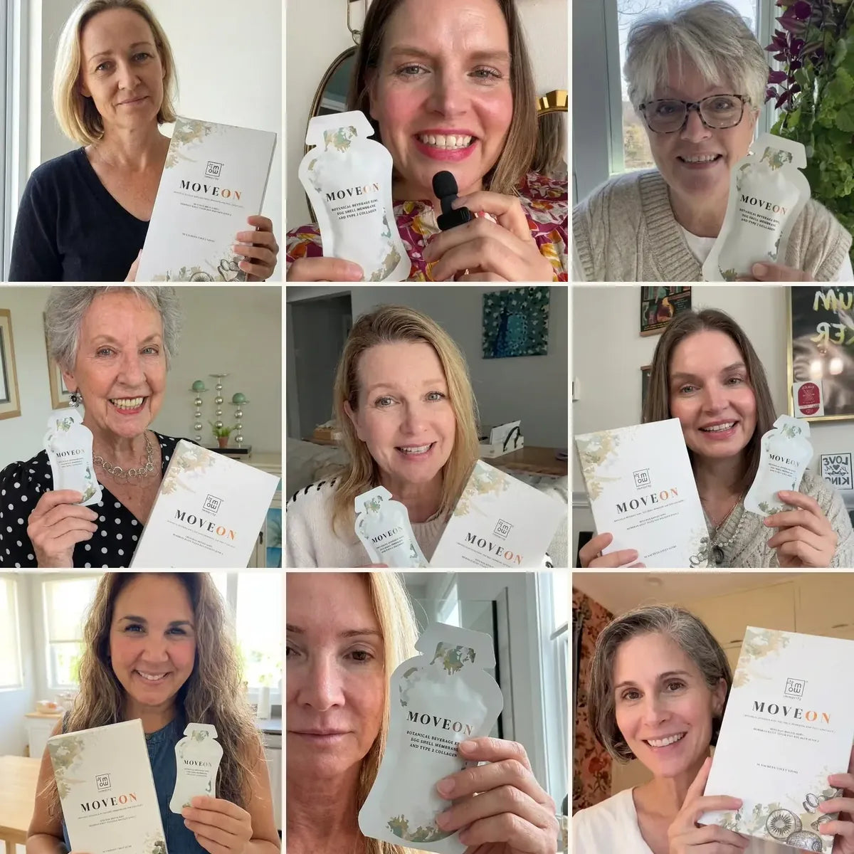 Nine MoveOn customers holding their sachets and boxes at home