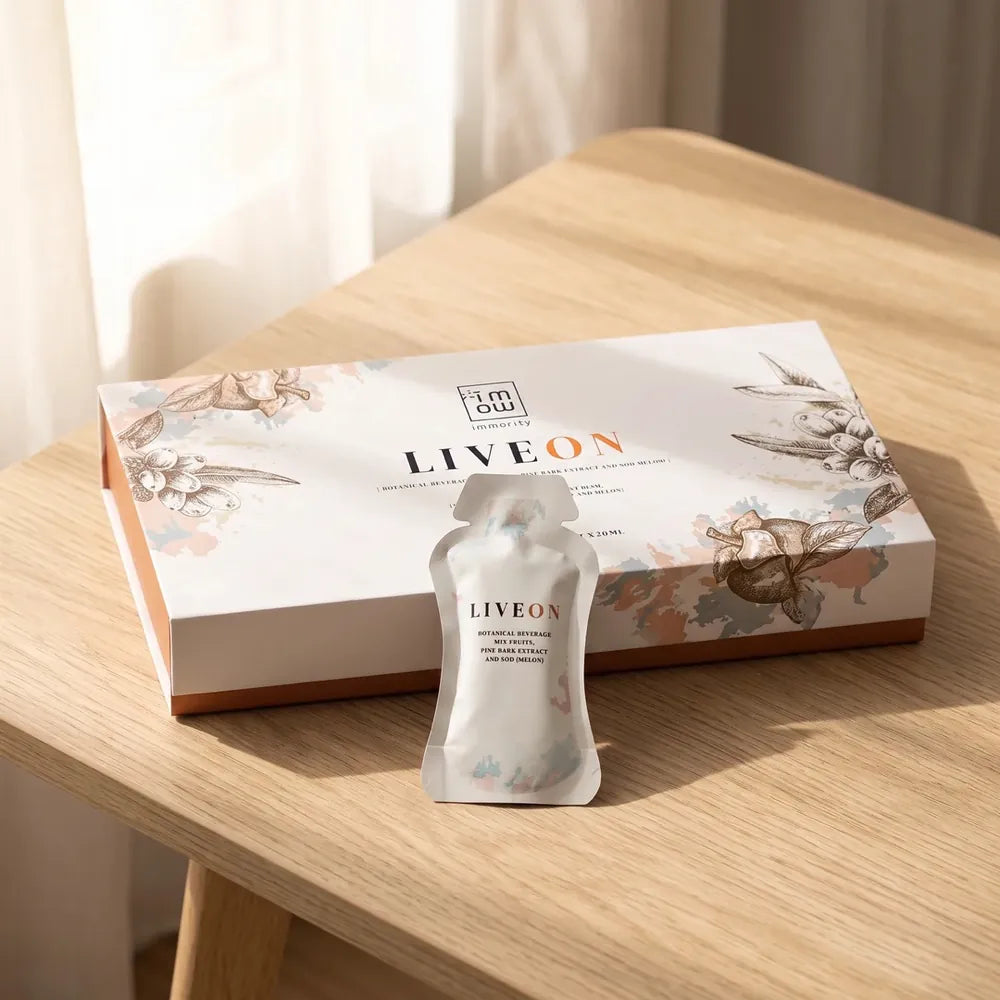 The LiveOn box and a single sachet on a table