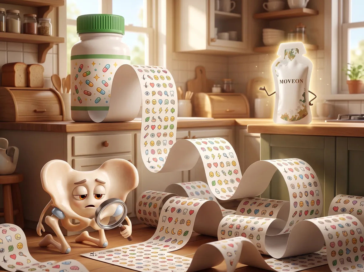 A multivitamin label unrolls into an endless scroll of tiny icons while the hip bone character hunts for its own tiny icon with a magnifying glass, and a MoveOn sachet waves from the counter