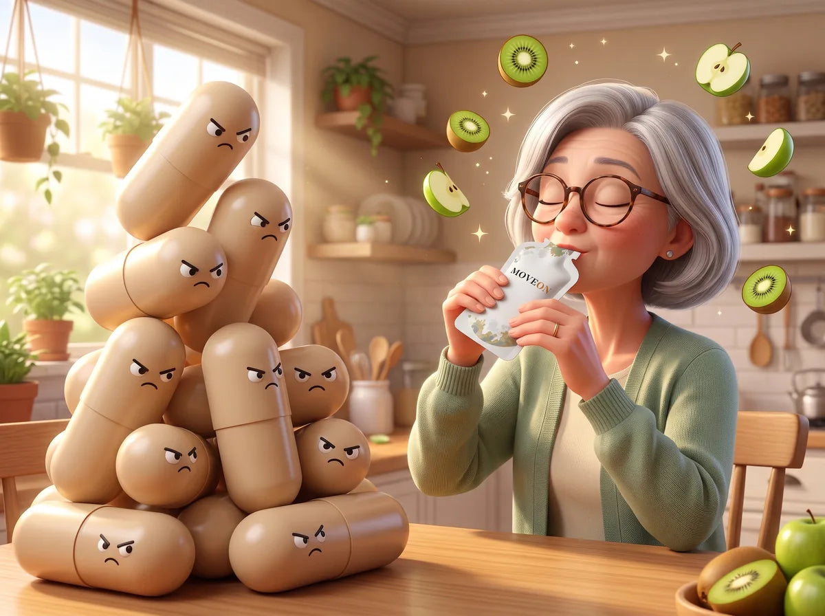 Linda sipping straight from a MoveOn sachet while a pile of grumpy capsules glares at her